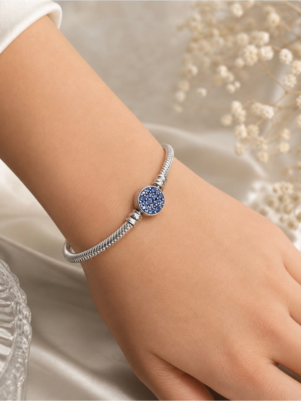 Pandora Sterling Silver Blue Crystal Round Charm Bangle Bracelet